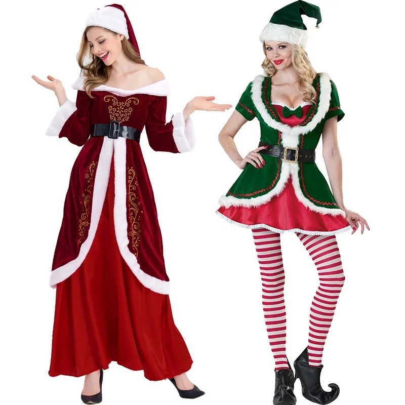 

Cosplay Christmas Eve Christmas Costume Wine Red Long Christmas Queen Costume Parent Dress Women Santa Claus Costume Clown Suit, Picture shows