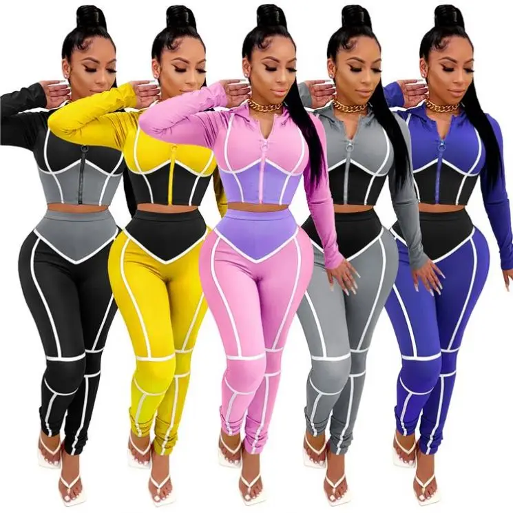 

New Trendy Sports Wear Splice Outfits Two Piece Hoodie Sets Contrast Yoga Women Crop Top Hoodies Set Wholesale