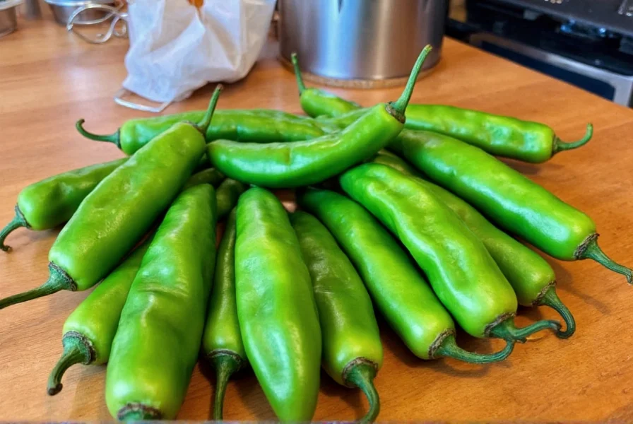Fresh green Hatch chile peppers on a wooden table with roasting equipment