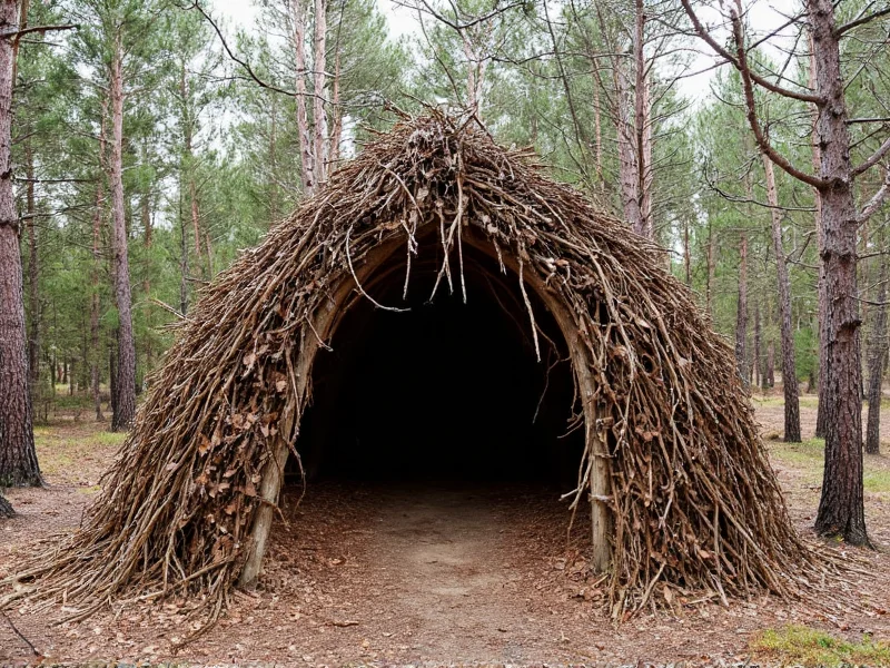 Natural debris hut shelter built with branches and leaves