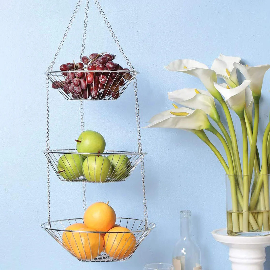 

stainless steel metal wire folding mesh wall collapsible 3 tier storage holder hanging fruit vegetable basket, Customized color