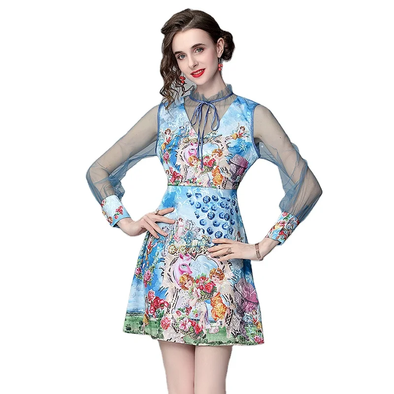 

Sexy Transparent Long Sleeve Ruffle Patchwork Designer Printing Dress