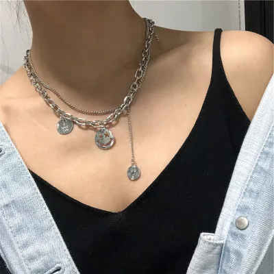

Statement Short Chain Punk Multilayer Steel Material Choker Necklace 2 Tier Heavy Gothic Grunge Smile Pendant Necklace, Picture shows