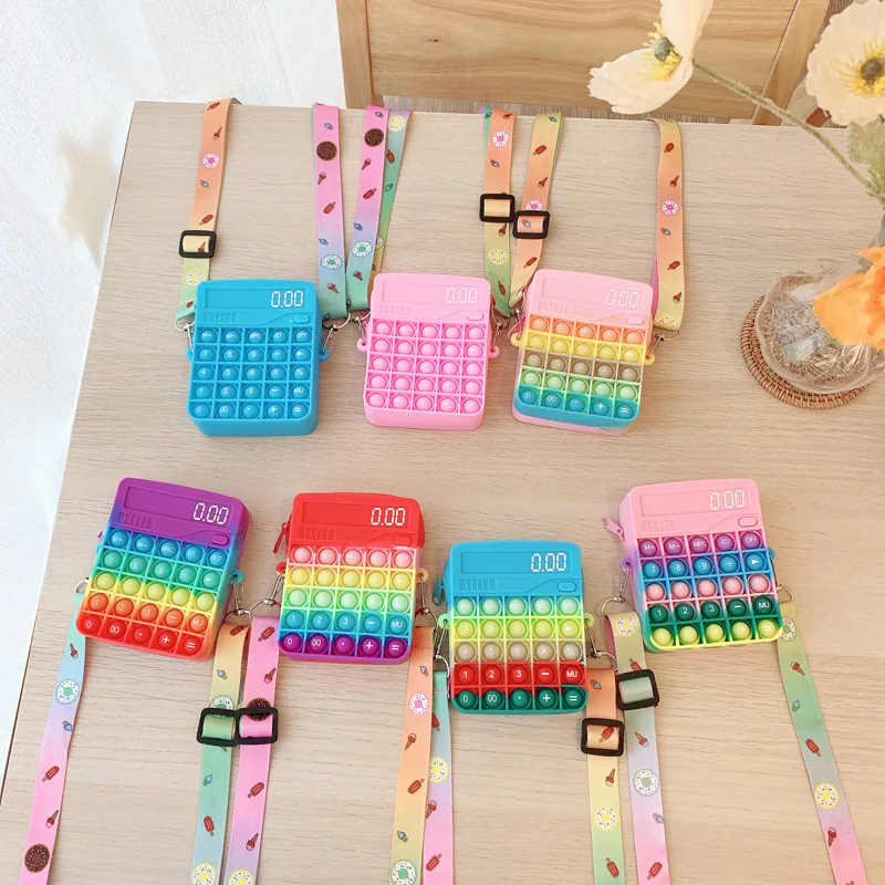 

Wholesale Fash Silicone Children Rainbow computer purses bag Kids Macaron Push Fidget Pop Bubble Silicone Pop It coin Purse, 5 colors