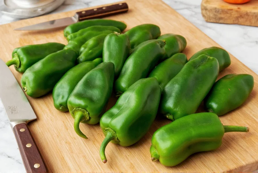 Fresh green poblano peppers arranged on wooden cutting board with roasting tools