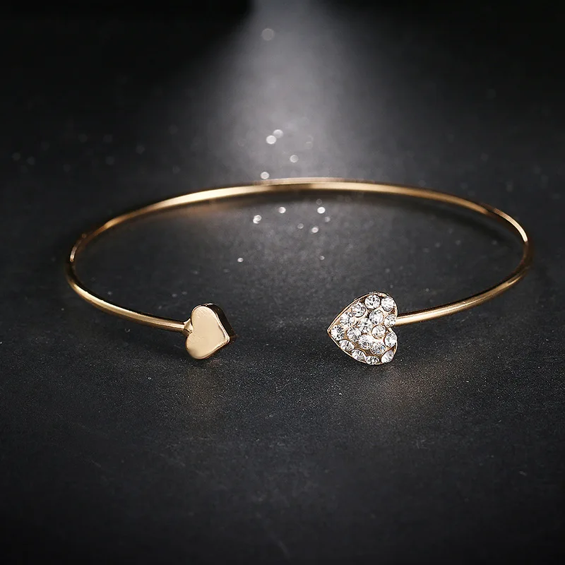 

Fashion CZ Heart-Shape Ladies Stone Bracelet Diamond Heart Double Love Crystal Cuff Bracelet