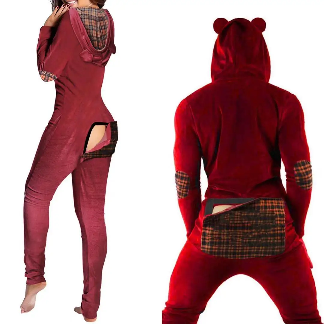 

2021 hot sale valentines day onesie couple clothes velour onesies with butt flap pajamas cute plaid patchwork sleepwear, 2 color as picture