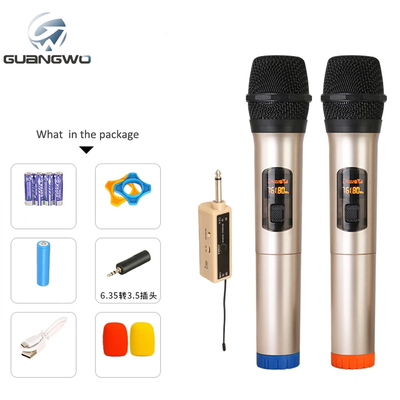 

Wholesale cheap price UHF, VHF wireless mic with PCBA receiver board and USB connection, Gold , red , blue or oem