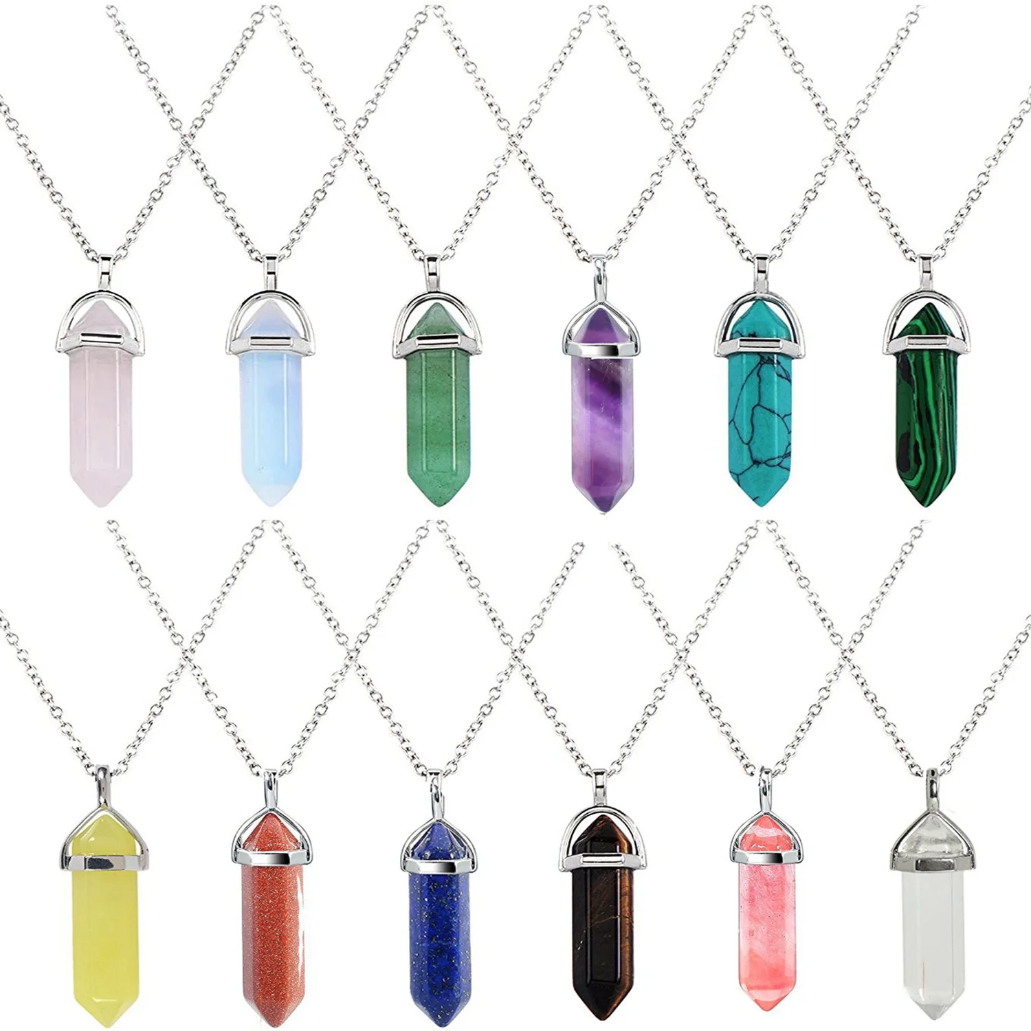 

Bullet Shape Real Amethyst Natural Crystal Quartz Healing Chakra Chain Necklaces, Silver