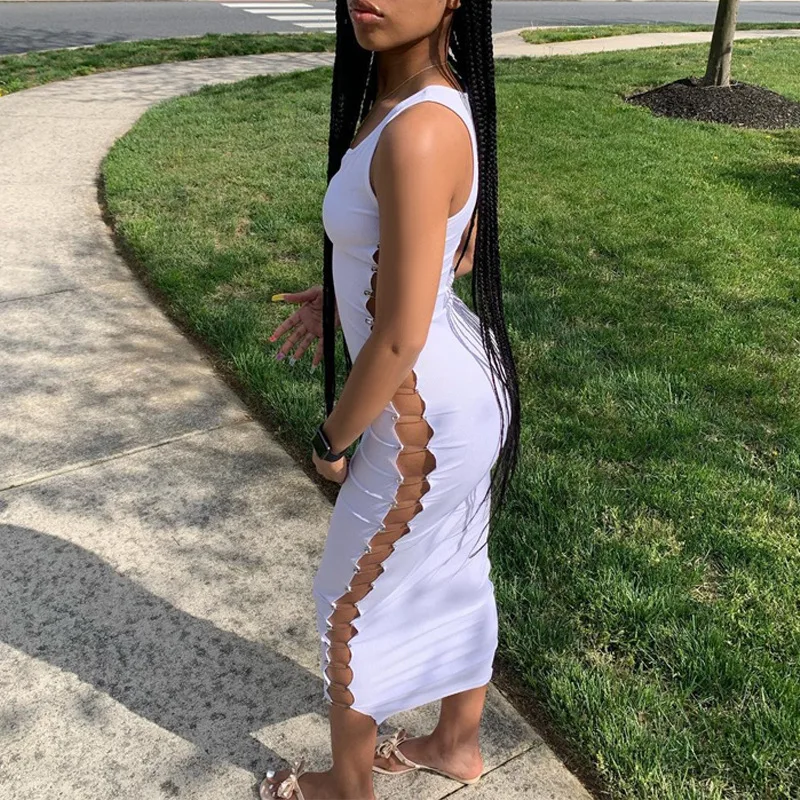 

2021 white Sleeveless Solid Clip Hollow Out Slit Sexy Dress Summer Women elegant casual dresses Streetwear Party Club Outfits