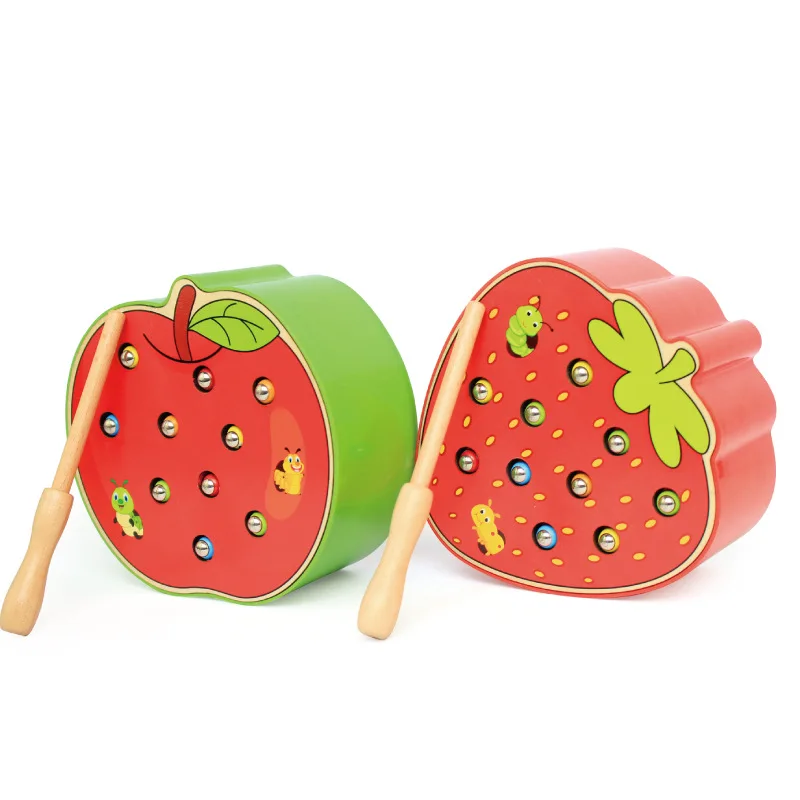 3D Color Cognitive Magnetic Strawberry Apple Wooden Catching Worms Game Wood Toys For Kids Educational