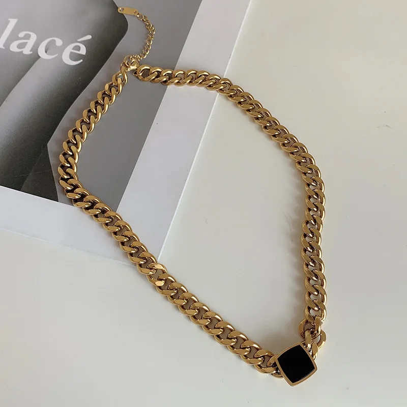 

INS New Design 14K Gold Plated Stainless Steel Jewelry Black Stone Cuban Chocker Necklace