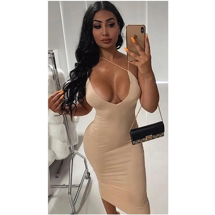 

Summer Low Cut Deep V Backless Slip Sexy Party Midi Casual Dress For Women, White, beige