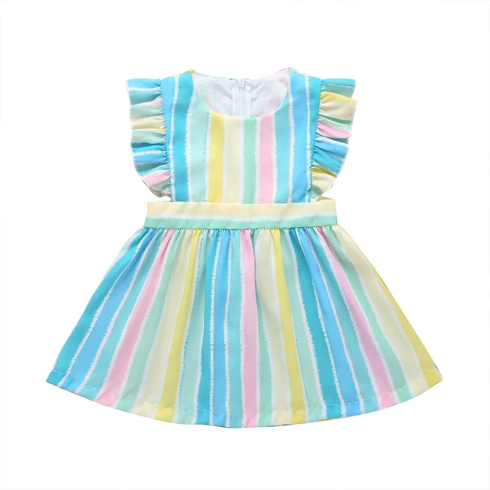 

Hot Sale Rainbow Pattern Multi Color Vertical Striped Summer Girls Sleeveless A-line Dress