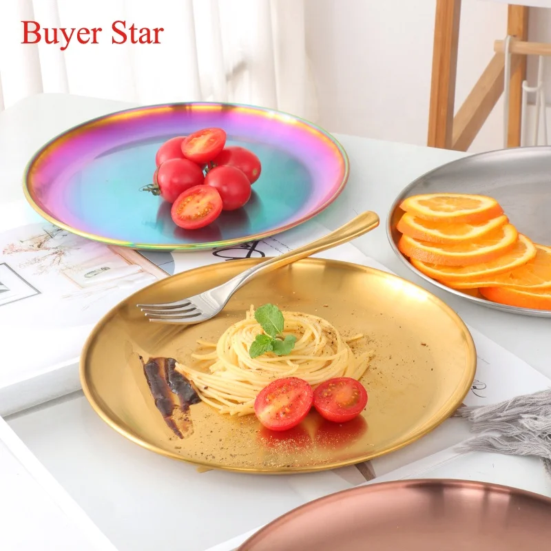 

Wholesale Stainless Steel Round Steak Plate Tray Mirror BBQ Tableware dinner Dish Plates Kitchen Accessories, Silver/gold/rose gold/rainbow no.0