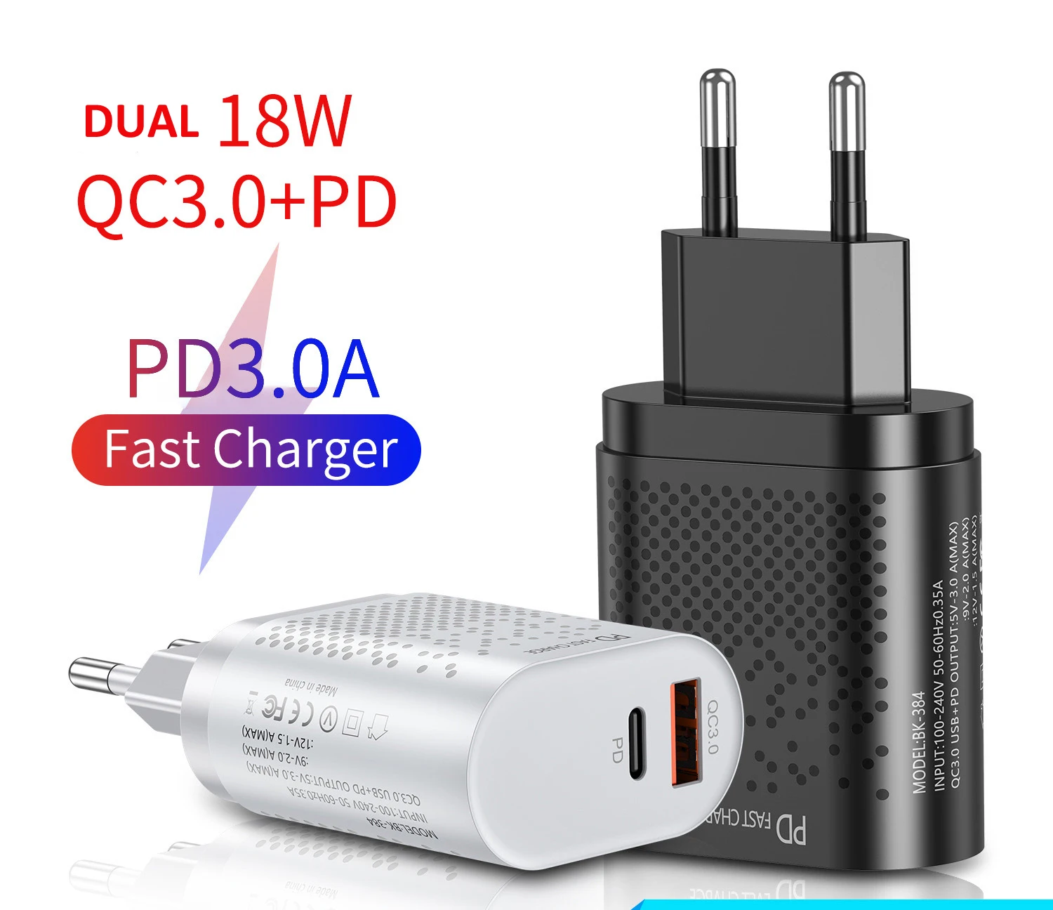 

New Arrival 2021 dual USB port mobile fast QC 3.0 + PD 36w wall charger type C, Black, white