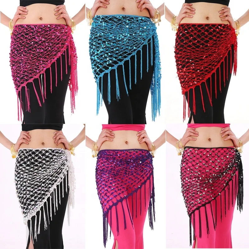 

12Colors Belly Dance Clothes Accessories Stretchy Crochet Net Shawl Triangle Belt Belly Dance Hip Scarf Square Sequins, Customer requirements