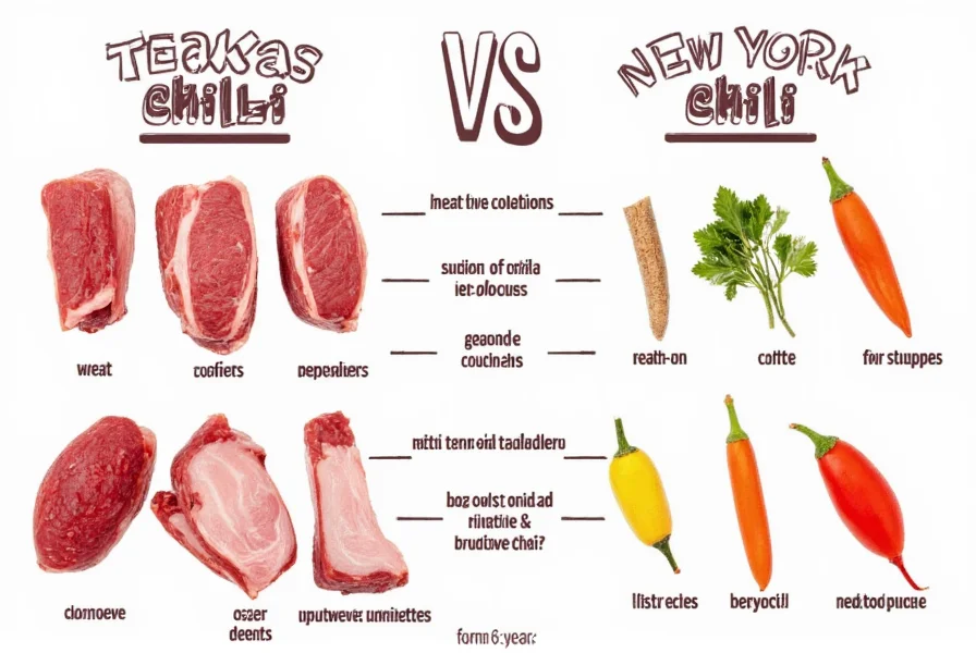 Comparison of traditional Texas chili versus New York style chili ingredients showing meat cuts and spice varieties