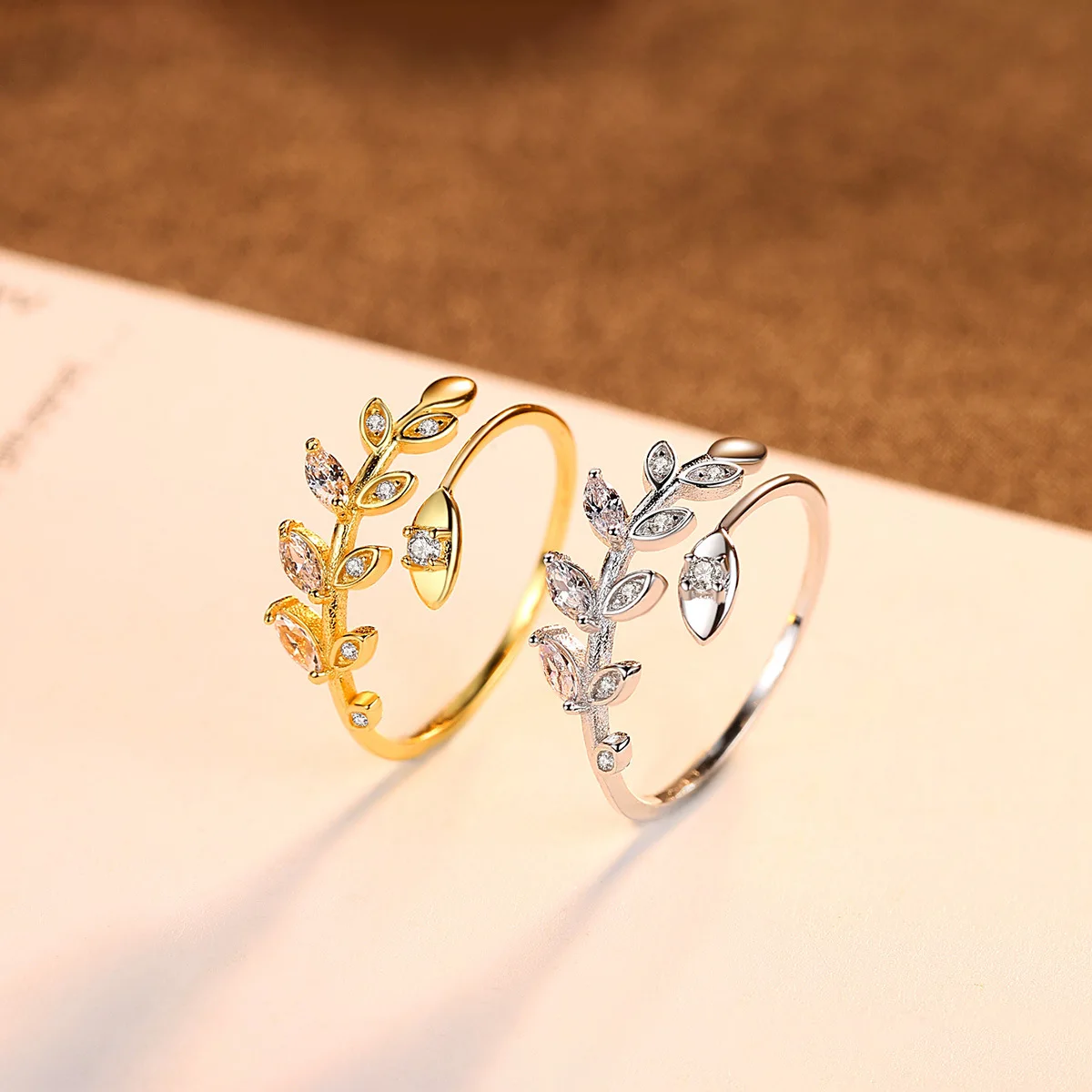 

S925 Sterling Silver Sparkling Crystal CZ Leaf Branch Bridal Ring Handmade Women Exquisite Open Adjustable Olive Leaf CZ Rings