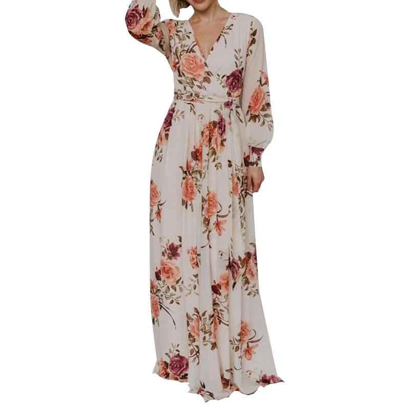 

Boho Summer Floral Long Maxi Dress Women Long Sleeve Evening Party Beach Holiday Wear Sun dress