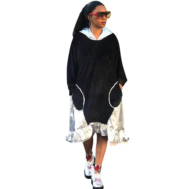 

L36637 Wholesale Latest Casual Denim Stitching Ruffle Hooded Mid Dress