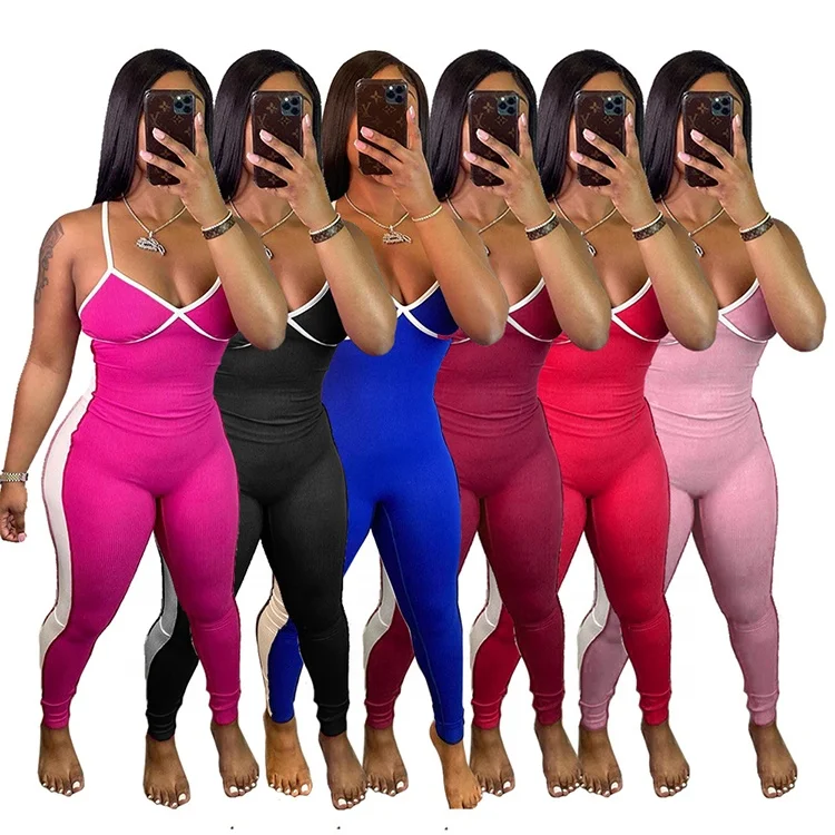 

H1626 New tight-fitting plus size beltless trousers mid-waist contrast color sexy women jumpsuit 2021