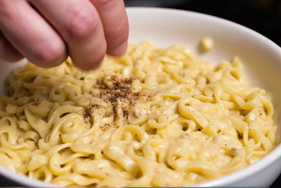 Chef seasoning a creamy pasta sauce with alternative spices instead of white pepper
