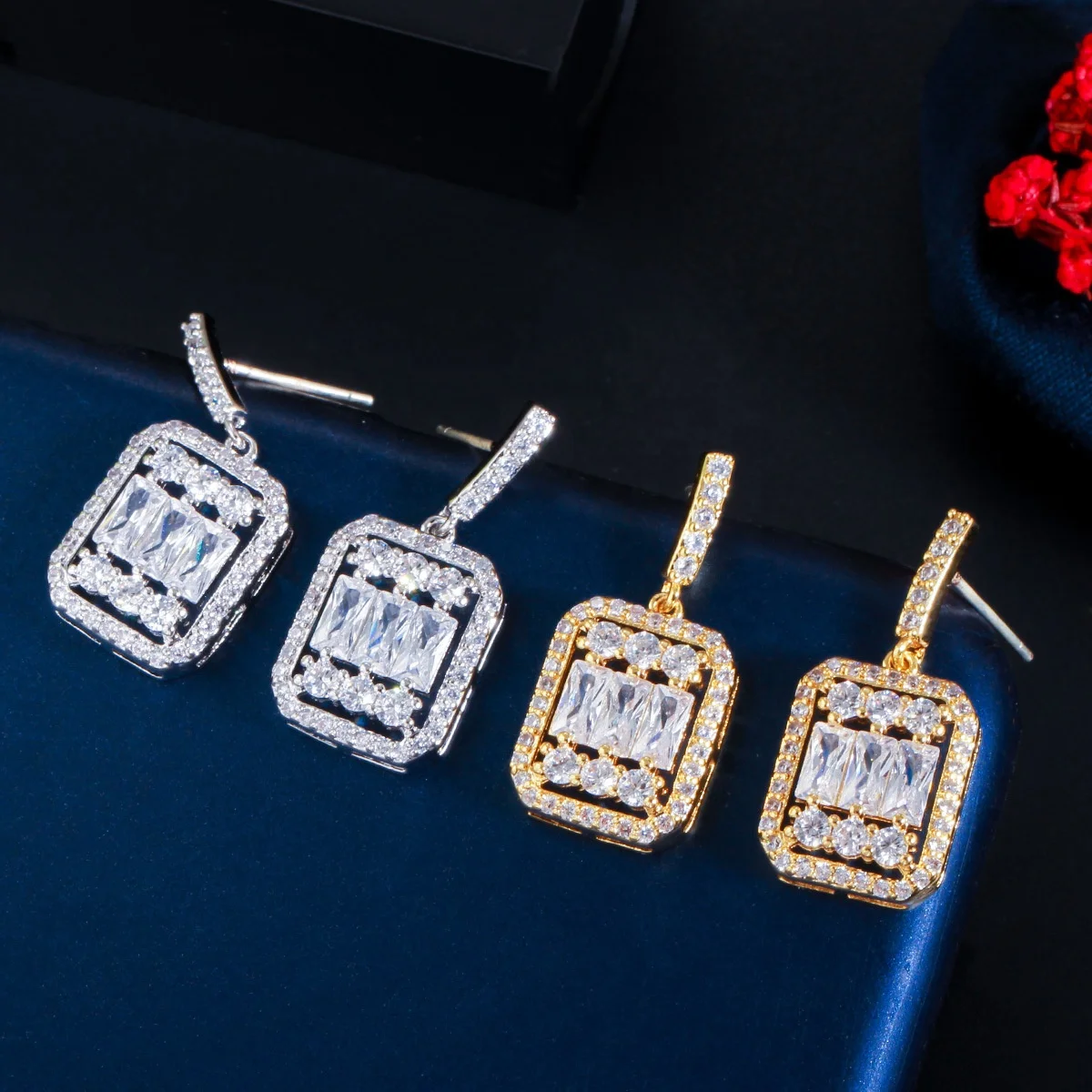 

Fashion Shiny White Cubic Zircon Square Drop Engagement Party Dangle Earrings Jewelry for Women, Picture shows