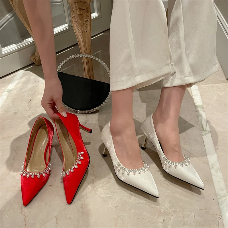 

Brand shoes women wedding collection faux pearl decor court heel lady pumps slip on pointy toe silk satin female footwear