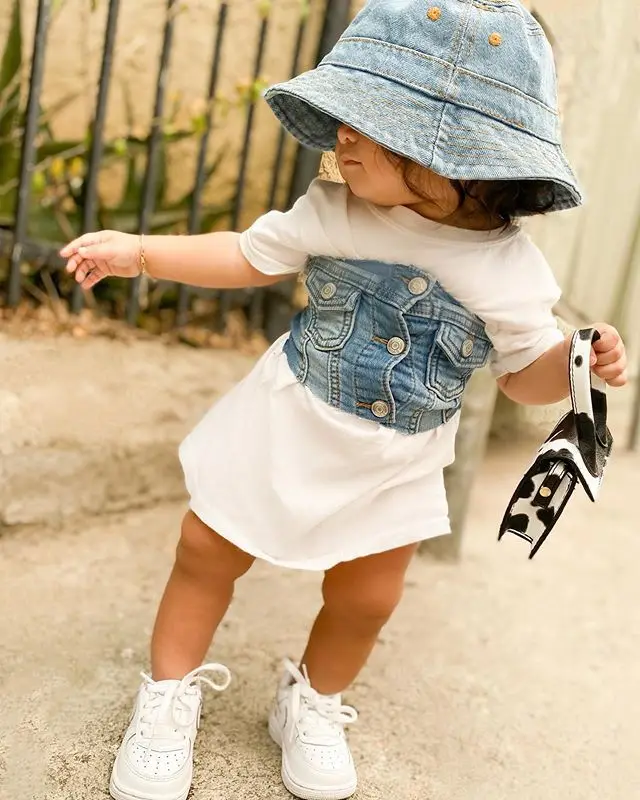 

2021 Summer Fashion Kids Girls dress Short Sleeve Solid A-Line Dress+Denim Blue Vest clothes, As pic shows, we can according to your request also