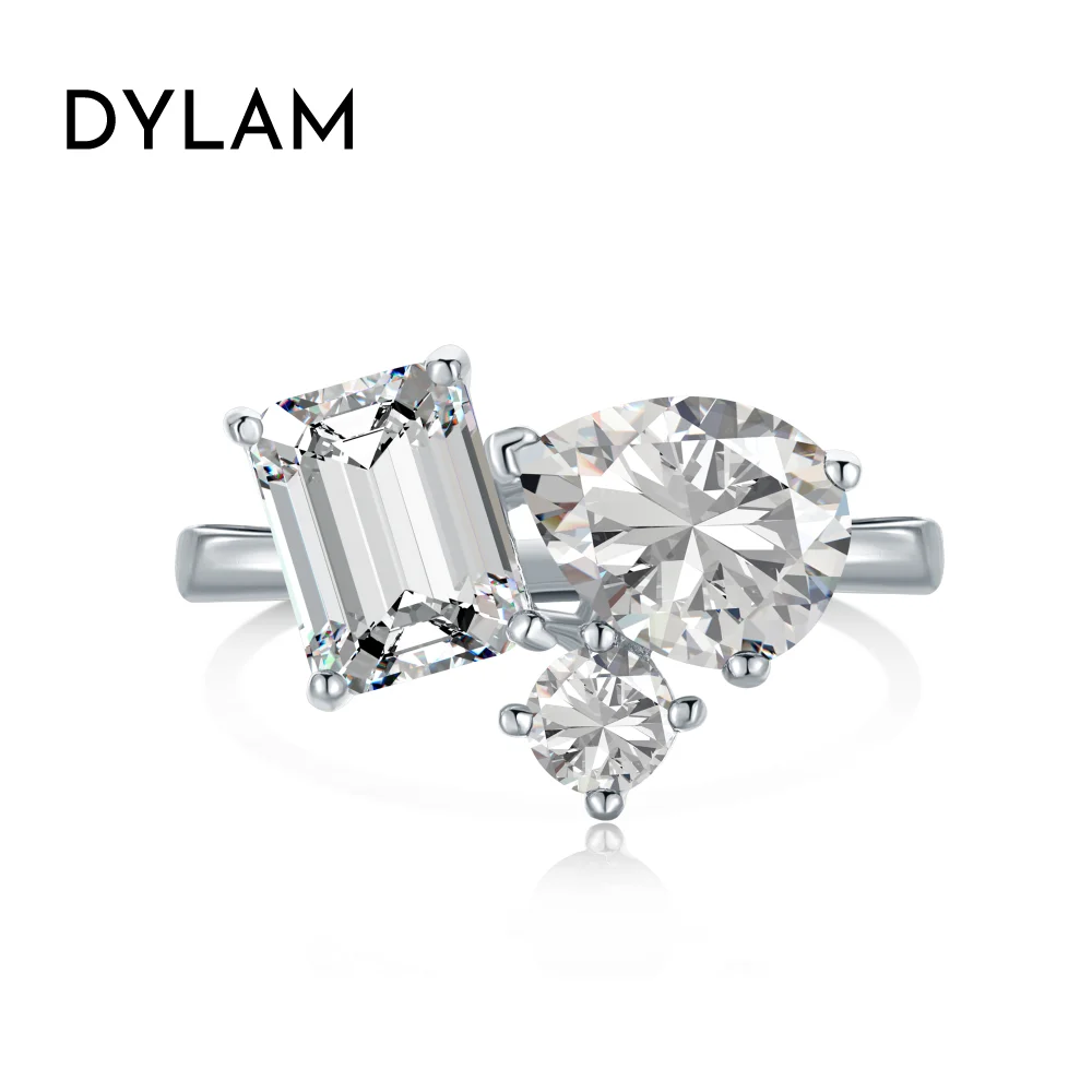

Dylam 925 Sterling Silver Rhodium 18K Gold Plated 3 Stone Pear Rectangle Round Shape Colorful 5A Zirconia Promise Wedding Ring