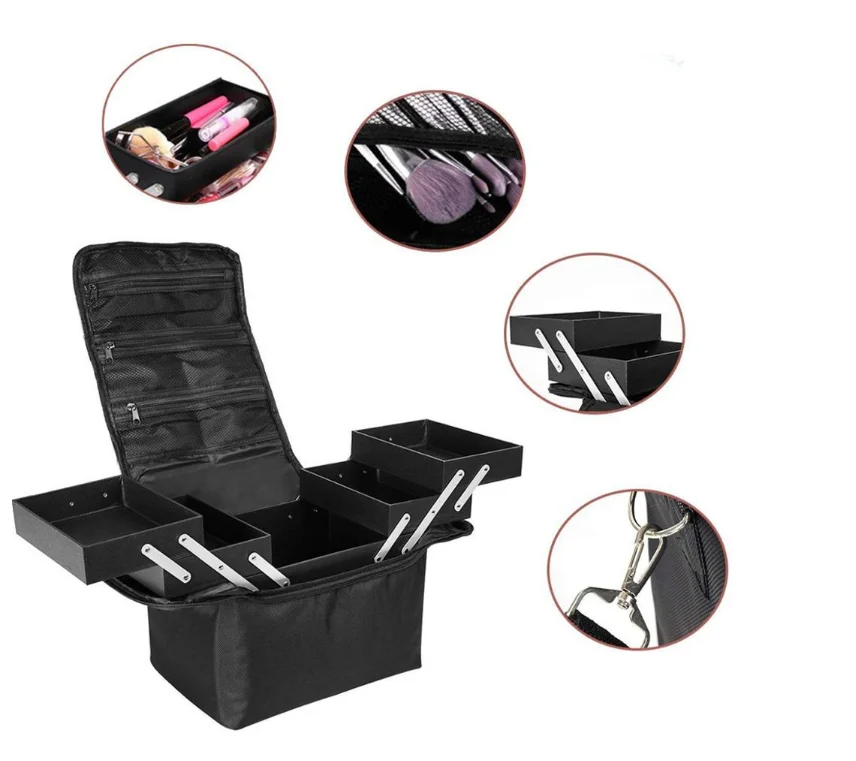 

4 Trays Professional Cosmetic Storage box with private logo portable cosmetic make up travel case bag for ladies, Black,pink,red