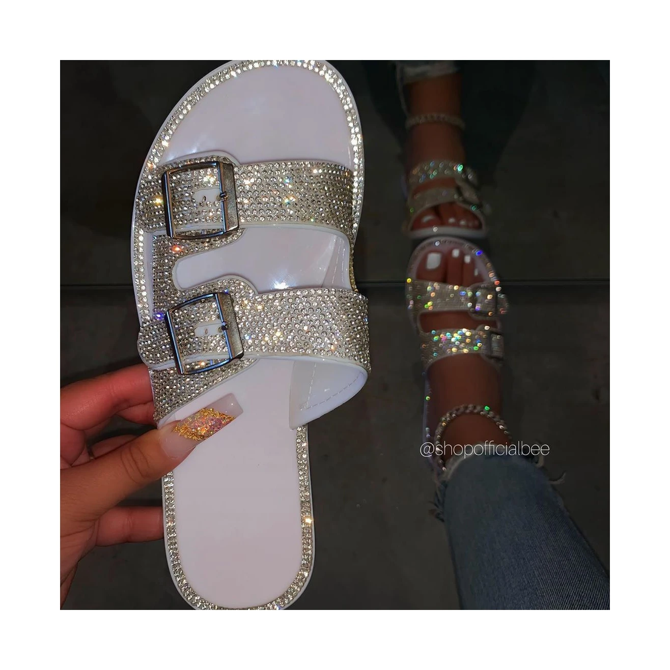 

Cheap Summer Woman Black Rhinestone Anti-slip Beach Slippers for Women