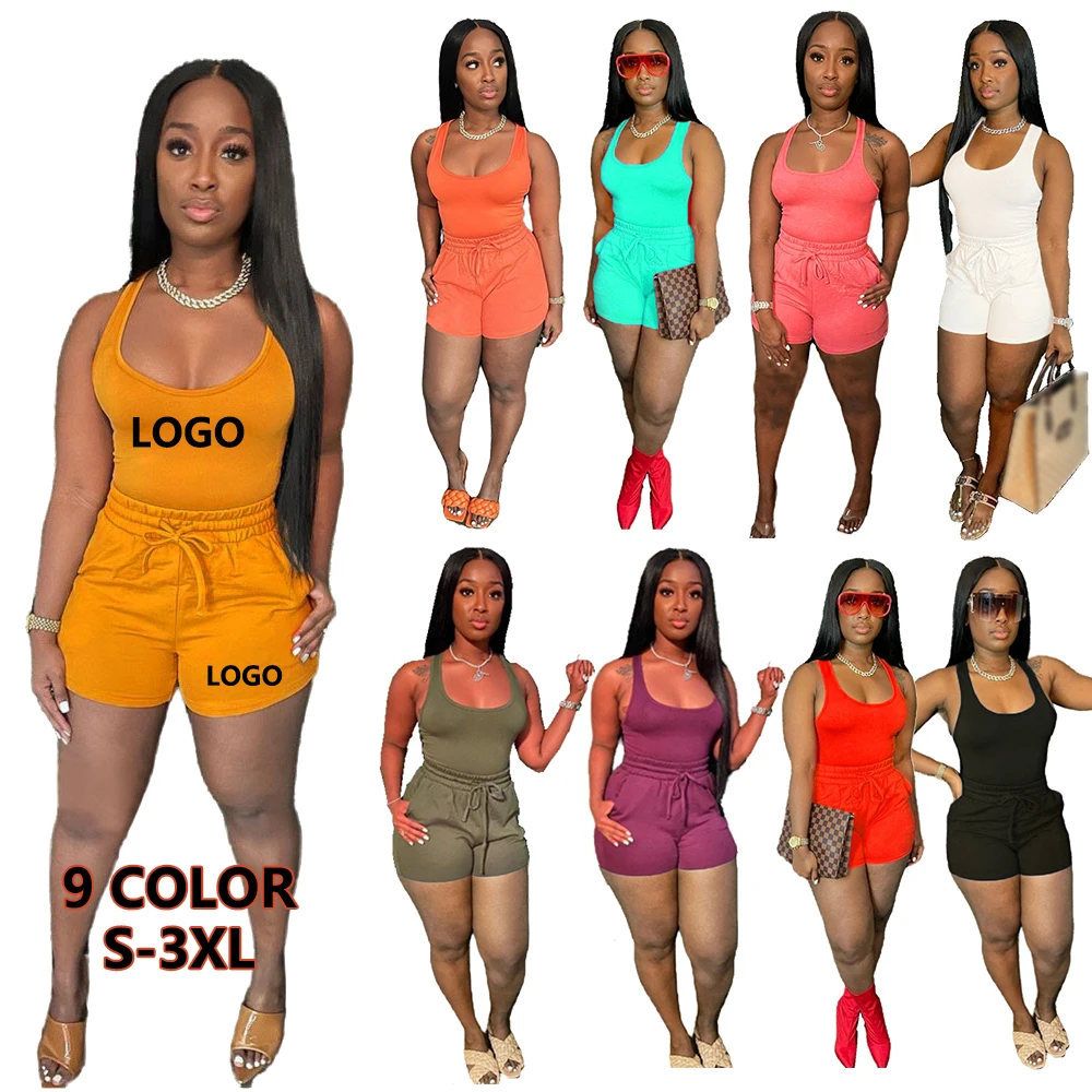 

2022 Summer Two Piece Set Customize Logo 2 Piece Biker Shorts Set Solid Color Crop Top Women Tank Top And Shorts Set, 15 colors