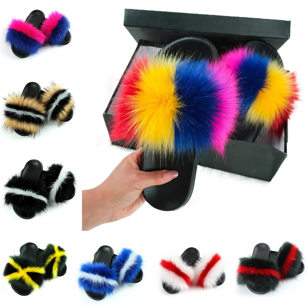

New Design Fashion Custom Fashion Raccoon Fox Faux Fur Slide Sandals Women Fashion Soft Fur Slides Slippers, 40 color options