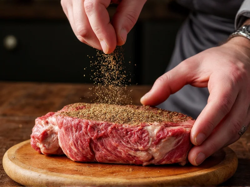 Chef seasoning ribeye steak with homemade spice blend