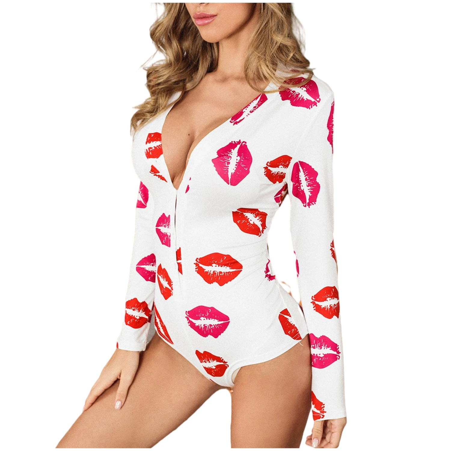 

Spring summer 2021 new women's sexy long-sleeved open-chested jumpsuit Slim-fit printed bodysuit