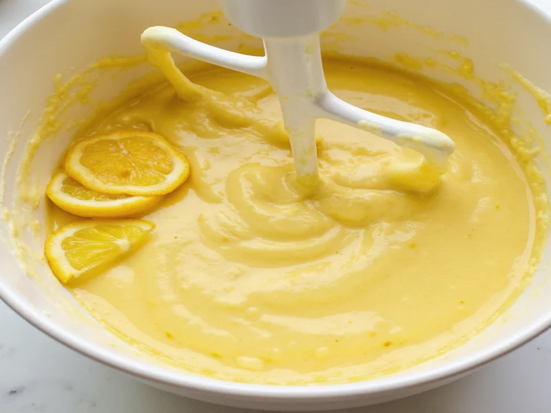 Homemade lemon cake batter in mixing bowl with lemon slices