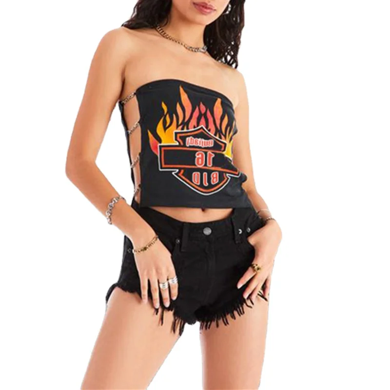 

YD - T214H377 INS fashion heat transfer printing tank top women crop top side stripe sexy strapless womens shirts and tank tops