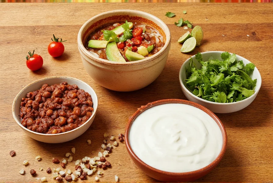 Various chili toppings including avocado, sour cream, and fresh cilantro in small bowls