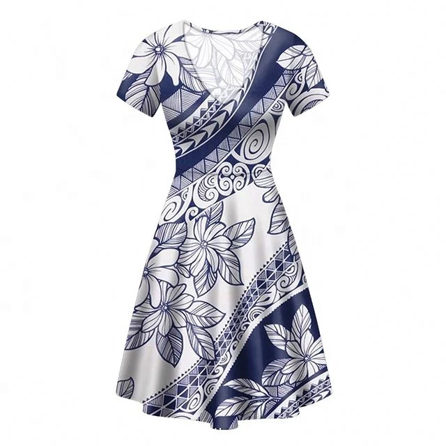 

Summer classic v-neck dress Wholesale Clothing Hawaii Samoa Polynesian Traditional Tribal Print Casual Long Dress Short Sleeve, Customized color