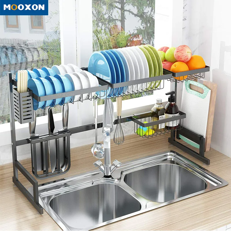 

Silver 85cm Stainless Steel Over Sink Organizer Holder Shelf Dish Drying Rack Kitchen Storage