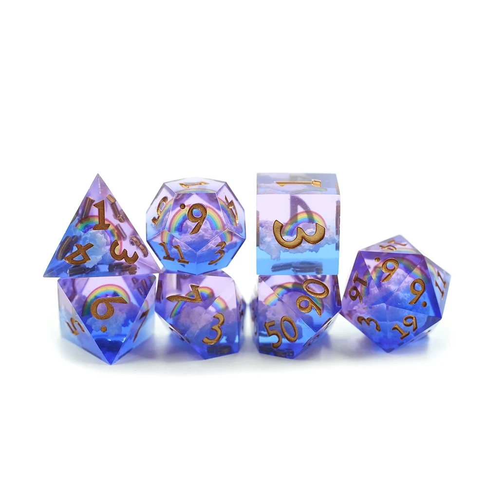 

Rainbow and Clouds Core Dice Set Sharp Edge Resin DND Dice Set With Gold Number