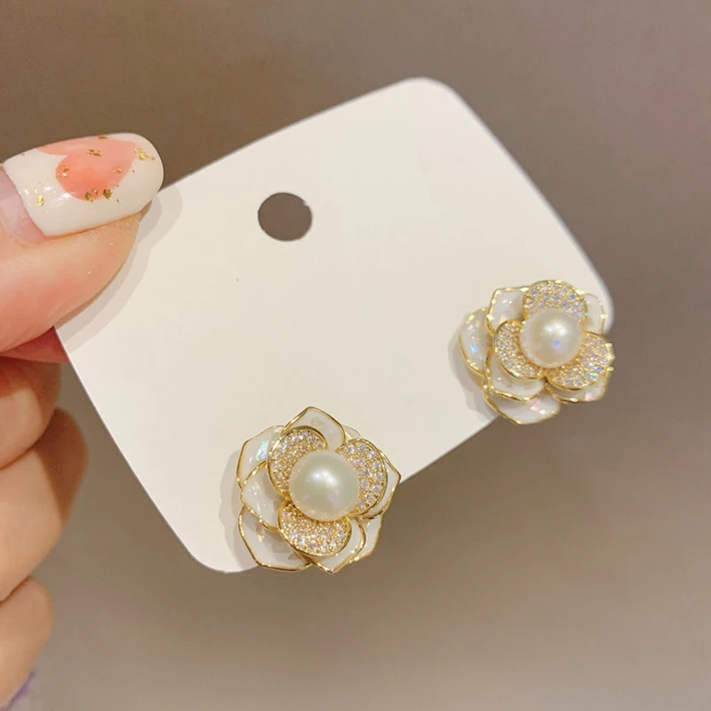 

ED63051 Enamel pearl camellia stud 21524 earrings fashion gold plated copper zircon women jewelry