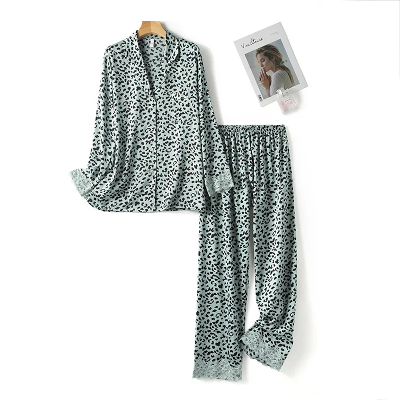 

Amazon Supplier Women Plus Size satin women's pajamas lace printing leopard ladies sleepwear super soft pajamas set