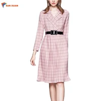 

New arrival fall and winter plaid pleated long sleeve turn down collar best casual women fashion designer elegent dresses