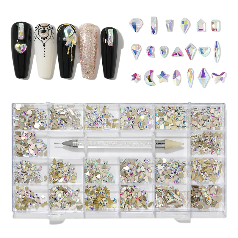 

aaa High quality ab butterfly heart Mix Shape nail grid rhinestone boxes 3D flat back Glass nail diamond crystals rhinestone kit, Color mixing