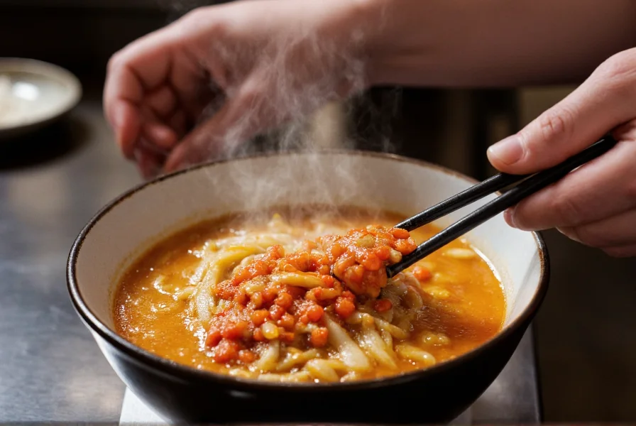 Chef's hands adding chili crisp sauce to a bowl of steaming ramen with chopsticks