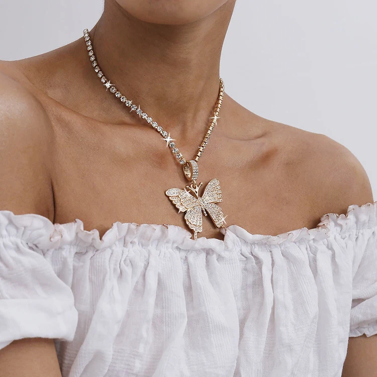 

Hot Sale Bling Necklaces Tennis Chain Alloy Rhinestone Butterfly Tennis Choker Necklace Women Jewelry, Picture shows