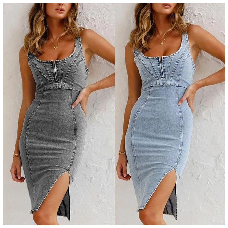 

DUODUOCOLOR Summer sexy solid color slit irregularity backless suspenders midi skirt women zipper denim dress D10030